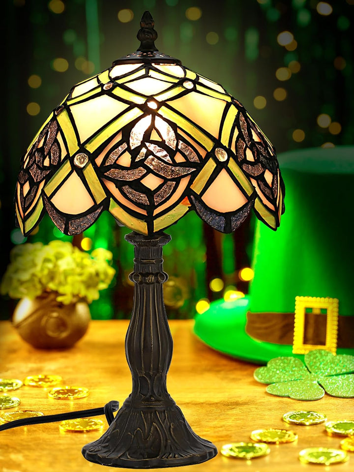 Irish Celtic Tiffany Table Lamp Shamrock Style Stained Glass Desk Lamp Night Light 14 Inch Tall 8 Inch Wide Shade beside Lamp 1 Bulb Antique Zinc Base for Home Bedroom St Patrick'S Day Decor