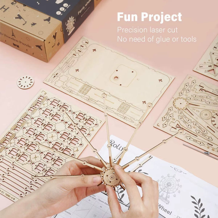 Rolife 232Pcs Rotatable DIY 3D Ferris Wheel Wooden Model Building Block Kits Assembly Toy Gift for Children Adult TGN01