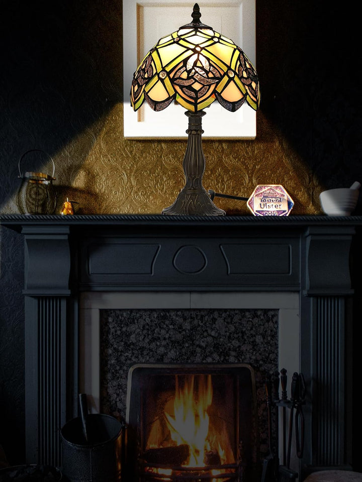 Irish Celtic Tiffany Table Lamp Shamrock Style Stained Glass Desk Lamp Night Light 14 Inch Tall 8 Inch Wide Shade beside Lamp 1 Bulb Antique Zinc Base for Home Bedroom St Patrick'S Day Decor