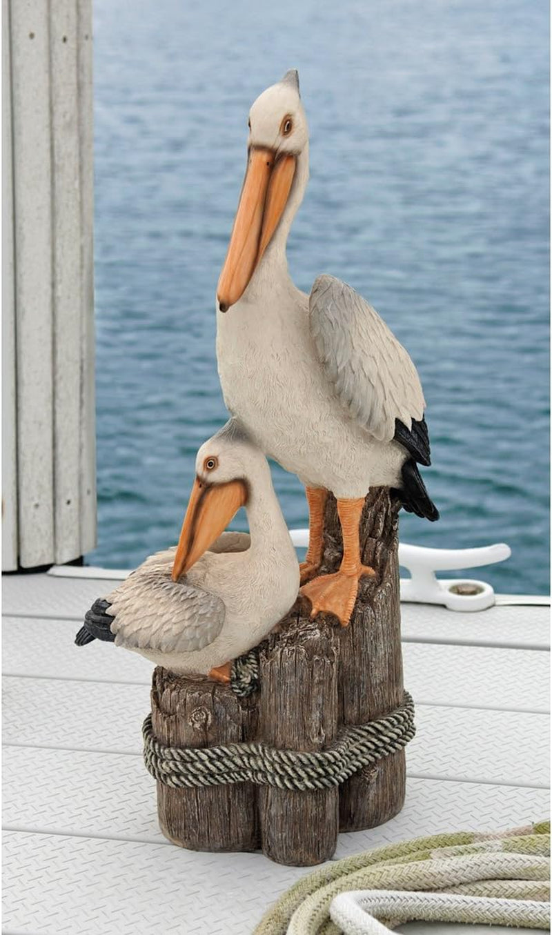 Coastal Decor Ocean'S Perch Pelicans Garden Bird Statue, 9 Inch Wide, 24 Inch Tall, Cast Stone Resin, Full Color Finish