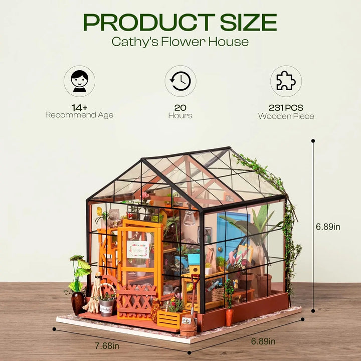 Mini Green House Cathy'S Flower House DIY Dollhouse Wooden Miniature Furniture Kit with LED Best Birthday Gifts