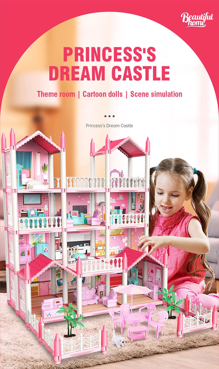 Girl Doll House Toy Children Pretend Play Dollhouse Villa Patchwork Dream Furniture Home Doll House for Kids Christmas Toy Gifts