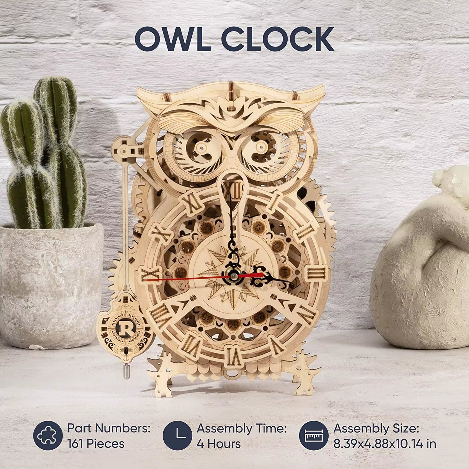 Rokr 161Pcs Creative DIY 3D Owl Clock Wooden Model Building Block Kits Assembly Toy Gift for Children Adult LK503