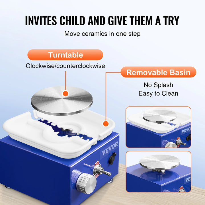 2.6In/3.9In Mini Pottery Wheel 2 Turntables Ceramic Wheel Forming Machine Adjustable 0-300RPM Speed Detachable Basin