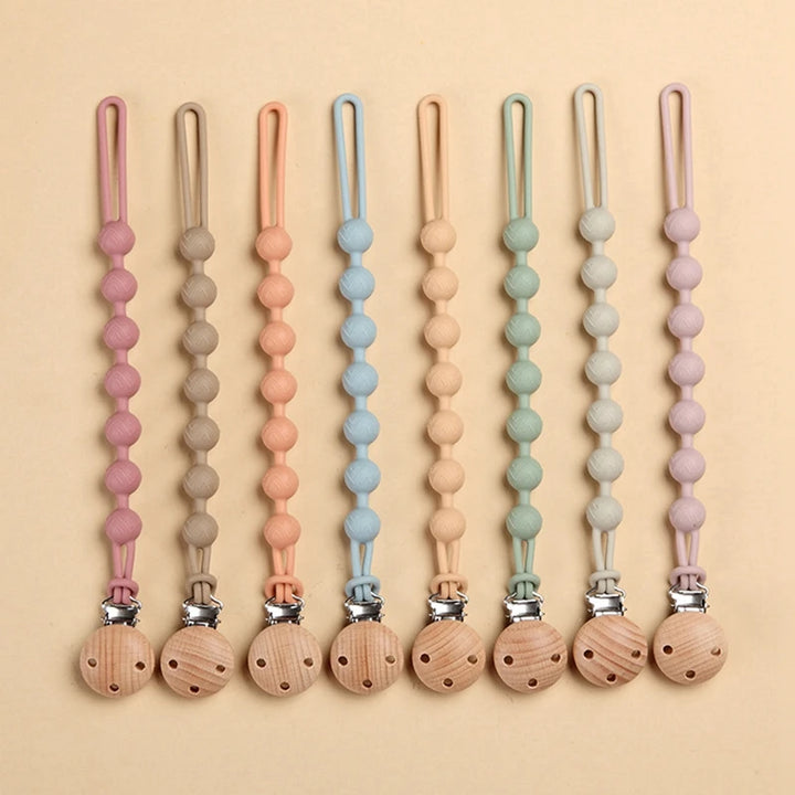 Beech Wood Chew Bead Pacifier Clips Dummy Chain Holder Newborn Soother Chains Nipple Holder for Babies Teething Toy Baby Chew