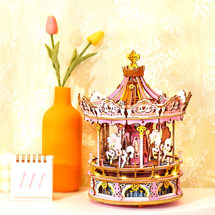3D Wooden Puzzle 336Pcs Rotatable DIY Romantic Carousel Game Gift for Children Kids Adult AMK62 Assembly Music Box Toy